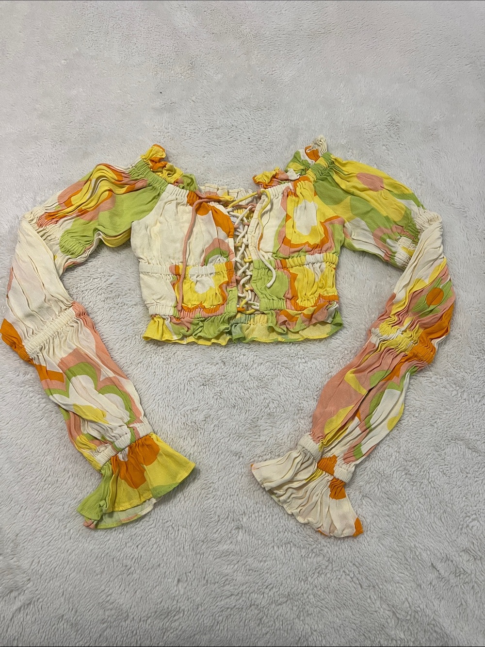 Sabo Skirt multicoloured top  Floral Peasant Crop Top in Yellow, Green & Peach.